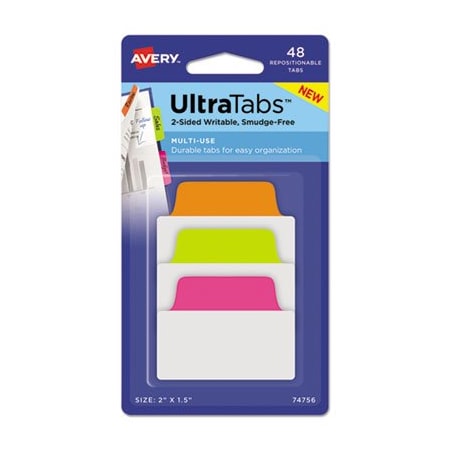 Avery Dennison Avery, ULTRA TABS REPOSITIONABLE STANDARD TABS, 1/5-CUT TABS, ASSORTED NEON, 2in WIDE, 48PK 74756